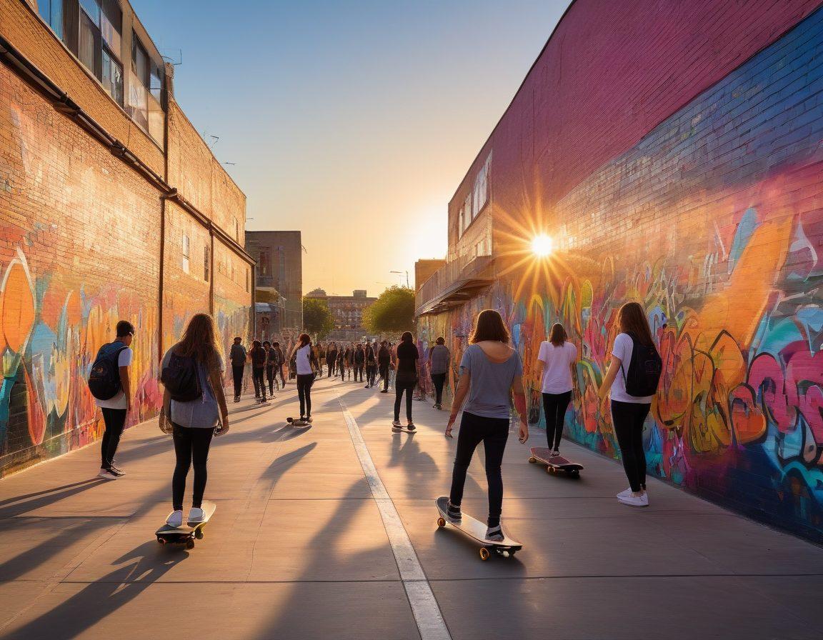 A vibrant cityscape with diverse young people engaging in various urban activities like skateboarding, street art, and socializing at a pop-up market. Bright murals and contemporary architecture in the background symbolize youth culture. The scene is infused with dynamic energy, showcasing fashion trends and gadgets. The sun sets, casting warm tones to create an inviting atmosphere. colorful graffiti art style. vibrant colors. 3D.