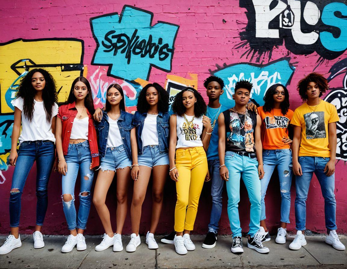 A vibrant collage showcasing diverse youth engaged in fashion and music activities, featuring colorful outfits, trendy accessories, and musical instruments. The background should blend iconic urban landscapes with graffiti art, symbolizing contemporary youth culture. Include a diverse group of young people dancing and enjoying music together. Bright and energetic atmosphere, reflecting the essence of youth lifestyle trends. super-realistic. vibrant colors. 3D.