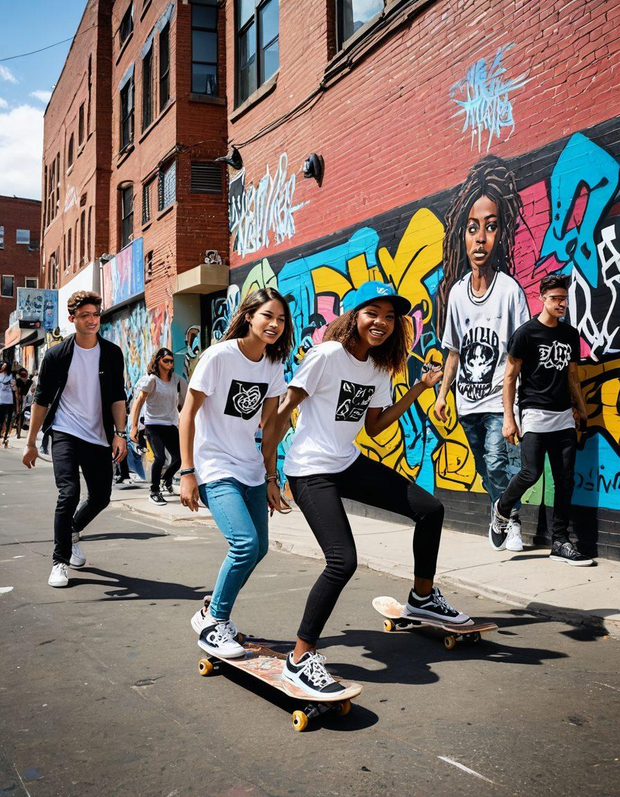 A dynamic scene capturing diverse young individuals immersed in modern hip culture, featuring vibrant street art, trendy fashion styles, and energetic activities like skateboarding and dancing. Highlights of popular tech gadgets and social media elements suggest a digital influence. The background showcases a lively urban landscape with colorful murals and graffiti. The atmosphere is filled with excitement and creativity. colorful, urban, super-realistic.